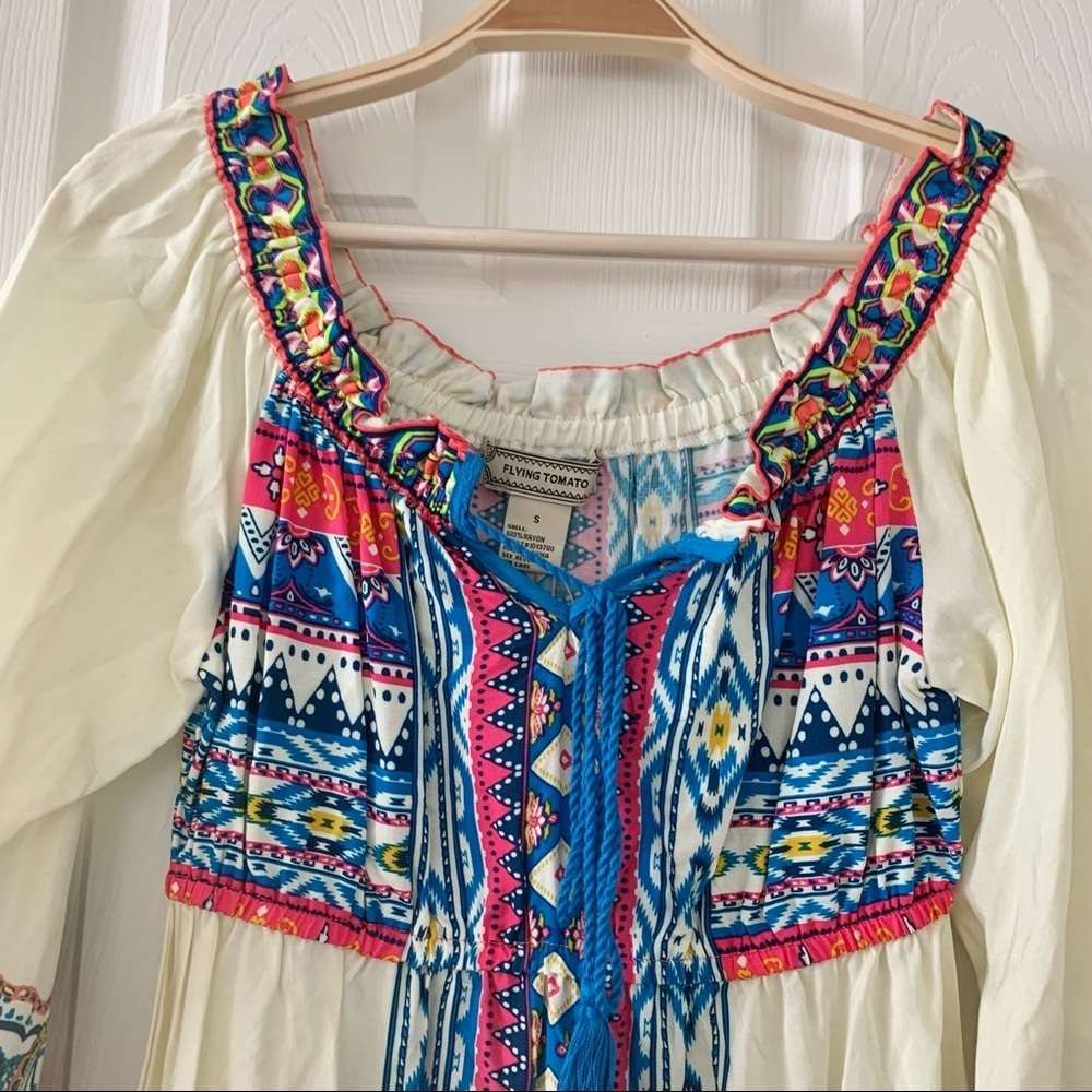 πΌ Cream Off-White Tribal Bohemian Boho Paisley Print Peasant Dress - Picture 7 of 16